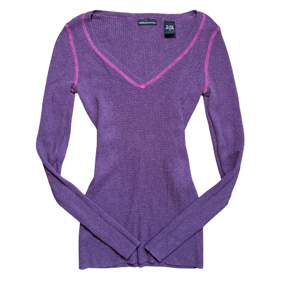 Y2K Full Length Purple Ribbed V-Neck Thermal Top Pink Contrast Stitch Small